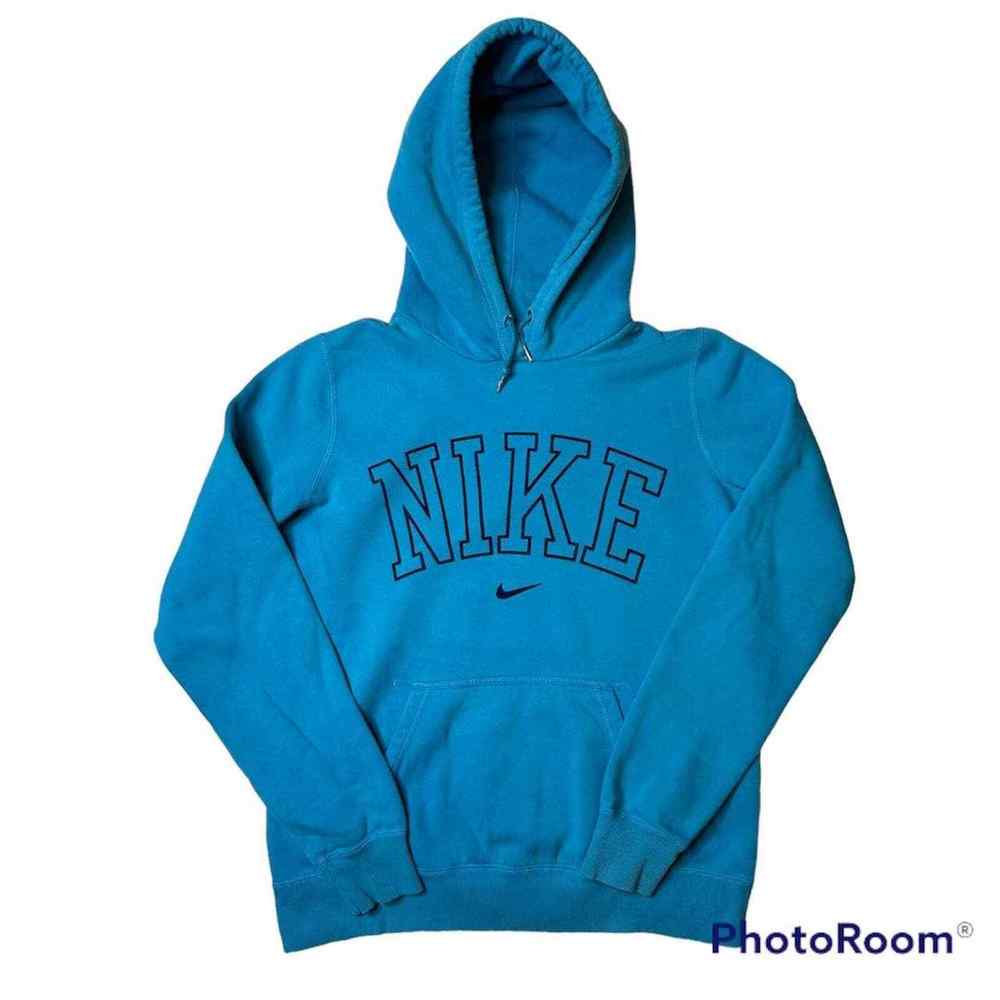 Nike spellout swoosh blue logo hoodie size large woman’s pullover activewear
